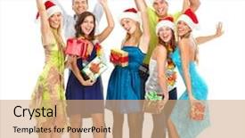  Presentation with black christmas party - Beautiful presentation theme featuring happy funny people christmas party backdrop and a coral colored foreground