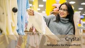  Presentation with displaying a happy mother cudd - Amazing slide deck having choosing clothes in the store backdrop and a  colored foreground