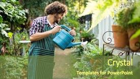  Presentation with plants and animals - Audience pleasing PPT theme consisting of happy gardener watering plants outside backdrop and a tawny brown colored foreground