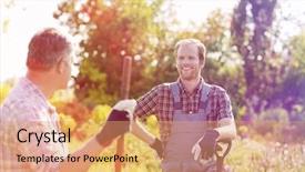  Presentation with nursery plant - PPT theme enhanced with happy gardeners talking at plant nursery background and a yellow colored foreground