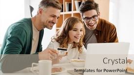  Presentation with credit card - Colorful slides enhanced with happy-gay-couple-and-adopted backdrop and a soft green colored foreground