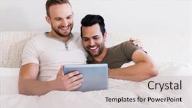 Presentation with gay - PPT layouts featuring happy gay couple using tablet in bed background and a coral colored foreground