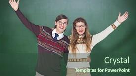  Presentation with green chalkboard - Slide set featuring happy geeky hipster couple embracing against green chalkboard background and a tawny brown colored foreground