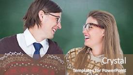  Presentation with green chalkboard - Theme with happy geeky hipster couple looking at each other against green chalkboard background and a coral colored foreground