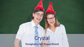  Presentation with green chalkboard - Presentation consisting of happy geeky hipster couple with party hat against green chalkboard background and a sky blue colored foreground
