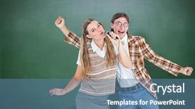  Presentation with green chalkboard - Slide deck having happy geeky hipsters singing with microphone against green chalkboard background and a teal colored foreground