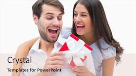  Presentation with gift certificate border - Colorful PPT theme enhanced with happy gifting - pretty brunette surprising boyfriend backdrop and a lemonade colored foreground