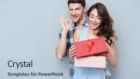  Presentation with gifting - Beautiful theme featuring happy gifting - young beautiful woman receiving backdrop and a light blue colored foreground