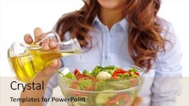  Presentation with edible oil - Beautiful presentation theme featuring happy girl adding olive oil backdrop and a yellow colored foreground