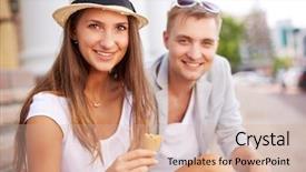  Presentation with camera - Audience pleasing presentation theme consisting of happy girl and her boyfriend looking at camera while hanging around outside backdrop and a soft green colored foreground