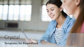  Presentation with video training - Beautiful slide deck featuring happy girl and her friend watching video in smartphone after training lesson in modern studio backdrop and a light blue colored foreground