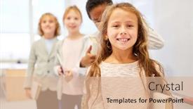  Presentation with elementary - Slide deck with happy-girl-as-a-school background and a coral colored foreground