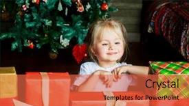  Presentation with christmas presents - Audience pleasing PPT theme consisting of happy girl at home with christmas tree and a lot of presents backdrop and a red colored foreground