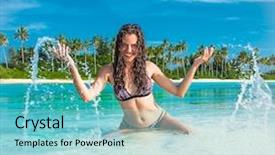  Presentation with girl running on the beach clouds - Presentation theme featuring happy girl at topical beach background and a seafoam green colored foreground