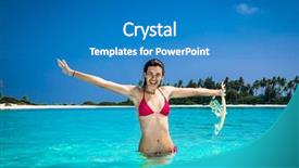  Presentation with girl running on the beach clouds - Slide deck with happy girl at topical beach background and a teal colored foreground