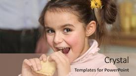  Presentation with pancake - PPT layouts with happy girl eating a pancake background and a coral colored foreground