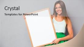  Presentation with airport boarding board - Amazing theme having happy girl holding blank board backdrop and a light gray colored foreground