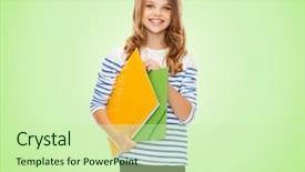  Presentation with children education - Slide set with happy girl holding colorful folder background and a  colored foreground