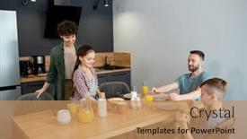 Presentation with dinner - Amazing slide deck having happy-girl-in-casualwear-putting backdrop and a coral colored foreground