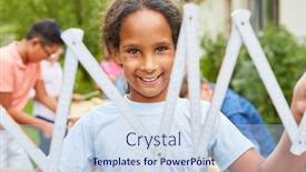  Presentation with summer camp - Colorful presentation theme enhanced with happy-girl-in-craftsman-workshop backdrop and a sky blue colored foreground