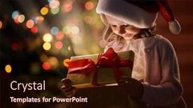  Presentation with girl christmas - Presentation theme consisting of happy girl in santa cap looking at wonderful christmas present in giftbox background and a wine colored foreground