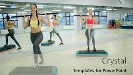  Presentation with step - Amazing PPT theme having happy girl in sportswear exercising with gymnastic bar on step platform with her friends on background backdrop and a soft green colored foreground