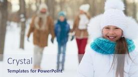  Presentation with parents - Beautiful slide deck featuring happy girl in winterwear looking at camera with her parents and brother on background backdrop and a sky blue colored foreground
