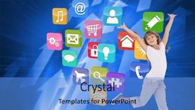  Presentation with futuristic fintech - Slide deck featuring happy girl jumping against futuristic shiny arrow pointing upwards background and a teal colored foreground