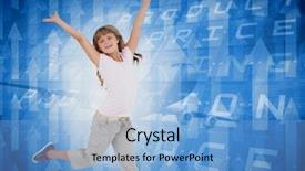  Presentation with upwards - Cool new presentation design with mechanical designing products - happy girl jumping against futuristic backdrop and a light blue colored foreground