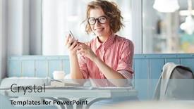  Presentation with social networks - PPT theme having happy girl looking at camera while sitting by table in cafe and sharing hehr photos with friends in social networks background and a light blue colored foreground