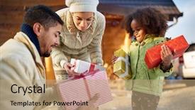  Presentation with dont give up - Audience pleasing PPT theme consisting of happy girl looking at gift backdrop and a coral colored foreground