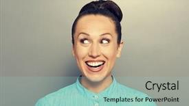  Presentation with grey - Slide deck with happy girl looking at something background and a mint green colored foreground