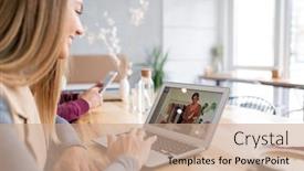  Presentation with boutique - Cool new slide set with happy girl looking at her friend showing new shoes from online boutique on laptop display while relaxing in cafe backdrop and a coral colored foreground