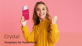  Presentation with passport - Theme featuring happy-girl-making-winner-gesture background and a gold colored foreground
