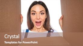  Presentation with cardboard - Presentation theme with happy girl opening postal package background and a coral colored foreground