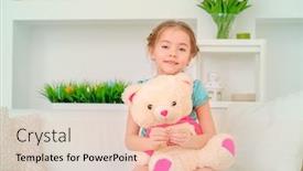  Presentation with free family - Beautiful slides featuring happy girl playing with her teddy bear at home free time activity and hobby family concept backdrop and a lemonade colored foreground