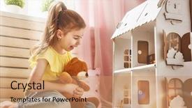  Presentation with teddy bear - Beautiful PPT layouts featuring happy girl plays with doll backdrop and a coral colored foreground