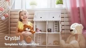  Presentation with teddy bear - PPT theme consisting of happy girl plays with doll background and a coral colored foreground