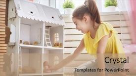  Presentation with teddy bear - Slides consisting of happy girl plays with doll background and a coral colored foreground