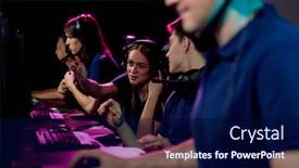  Presentation with computer network - Slide set with happy-girl-pointing-at-computer background and a navy blue colored foreground