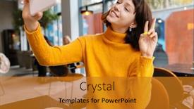  Presentation with peace - Presentation theme consisting of happy-girl-showing-peace-sign background and a gold colored foreground