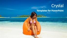  Presentation with beach - Amazing PPT theme having happy girl sitting at topical backdrop and a ocean colored foreground