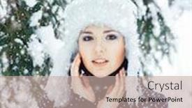  Presentation with blizzard - Amazing theme having happy girl walking in beautiful winter forest seasonal weather with blizzard and snowflakes christmas concept backdrop and a coral colored foreground