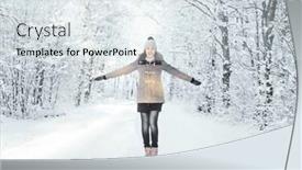  Presentation with forest winter - Colorful PPT theme enhanced with happy girl walking in beautiful winter forest christmas concept backdrop and a light gray colored foreground