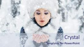  Presentation with blizzard - PPT theme featuring happy girl walking in beautiful winter forest seasonal weather with blizzard and snowflakes christmas concept background and a lemonade colored foreground