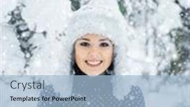  Presentation with blizzard - PPT theme with happy girl walking in beautiful winter forest seasonal weather with blizzard and snowflakes christmas concept background and a light blue colored foreground