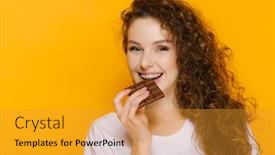 Presentation with pretty girl - PPT theme having happy-girl-with-chocolate-bar background and a gold colored foreground
