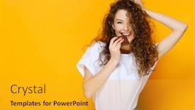  Presentation with pretty girl - Presentation theme consisting of happy-girl-with-chocolate-bar background and a gold colored foreground