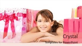  Presentation with happy young student girl holding - Cool new slides with happy girl with color gift backdrop and a  colored foreground