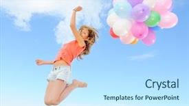  Presentation with balloons - PPT theme consisting of happy girl with colorful balloons background and a sky blue colored foreground